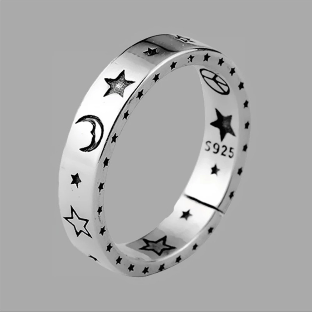 New Vintage 925 Silver Carved Moon Star Open Ring